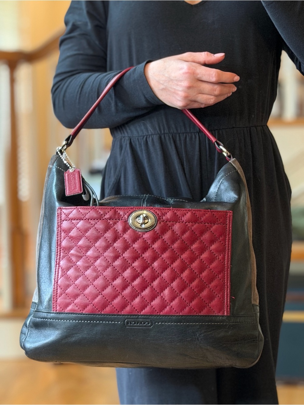 Coach 2013 Classic Park Quilted Colorblock Leather Hobo Bag Black Burgundy